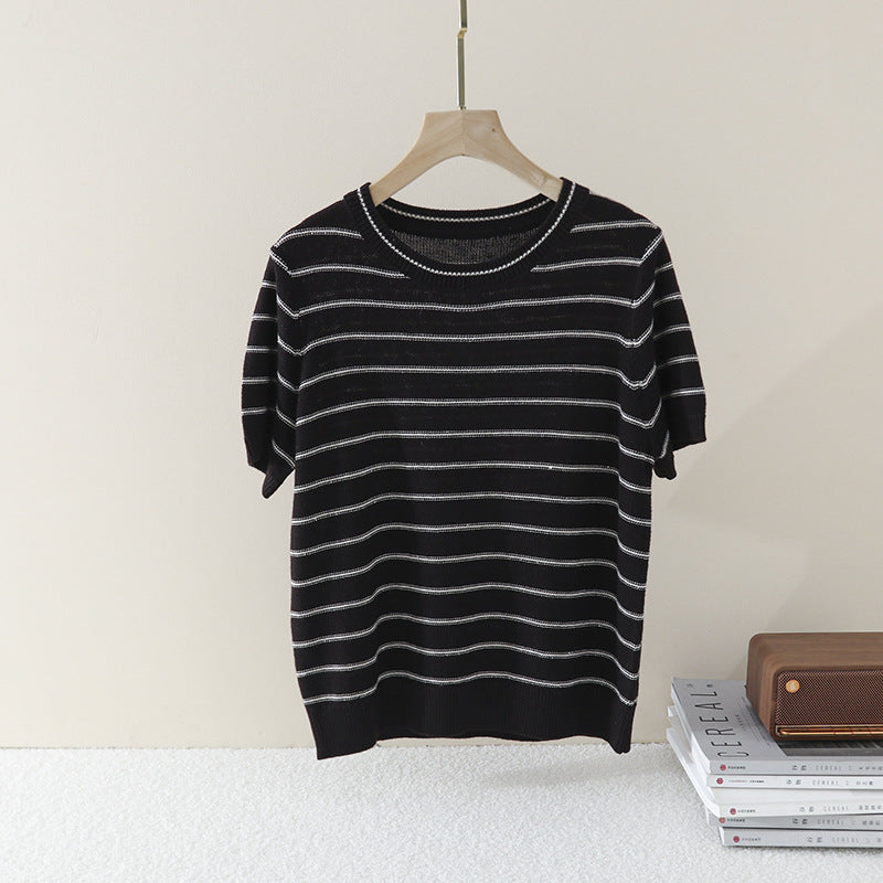 Women Short Sleeve Fine Knit Sweater with Maritime Stripes Mune Fashion