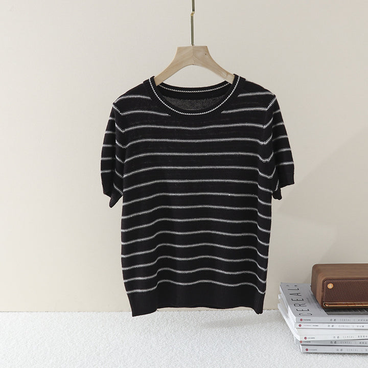 Women Short Sleeve Fine Knit Sweater with Maritime Stripes Mune Fashion