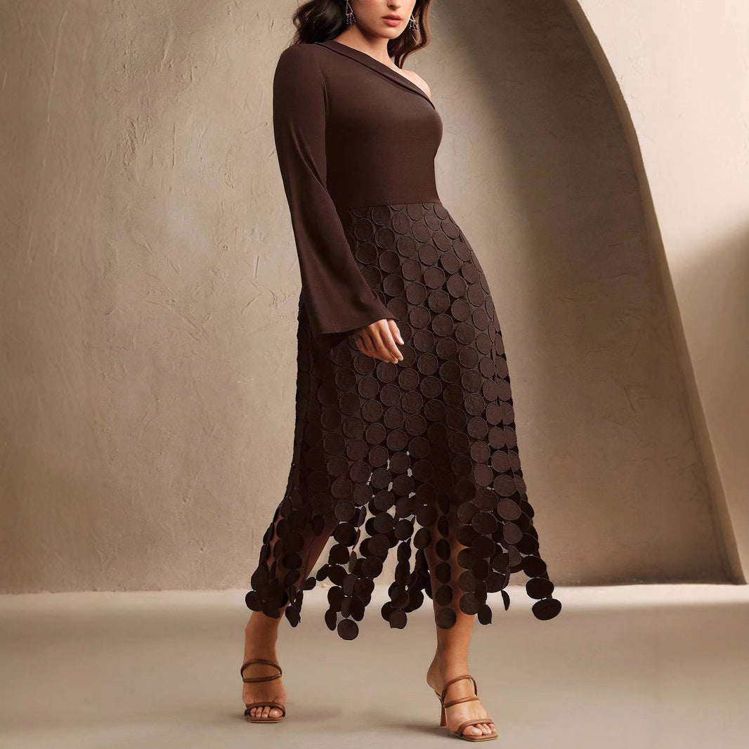 Women’s Asymmetrical Midi Dress with One Shoulder Top and Circle Appliqué Skirt Mune Fashion