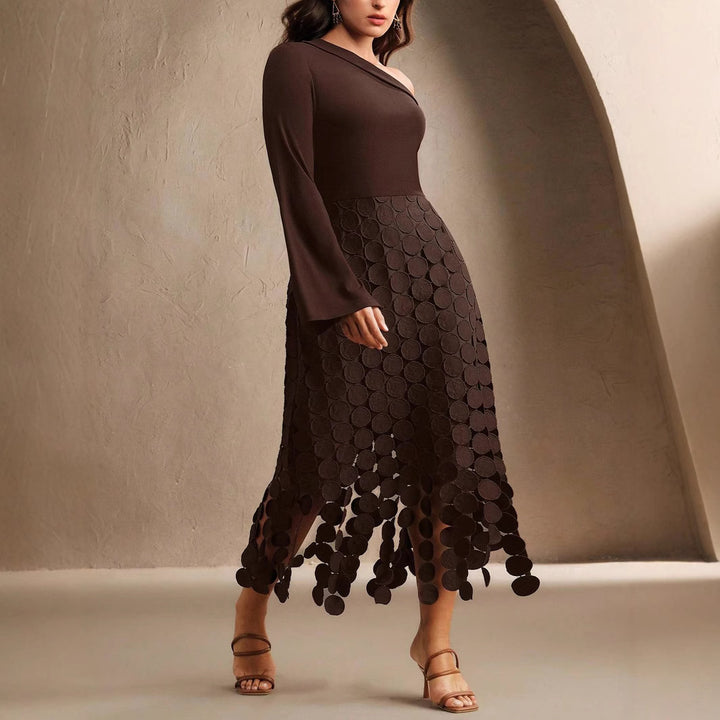 Women’s Asymmetrical Midi Dress with One Shoulder Top and Circle Appliqué Skirt Mune Fashion