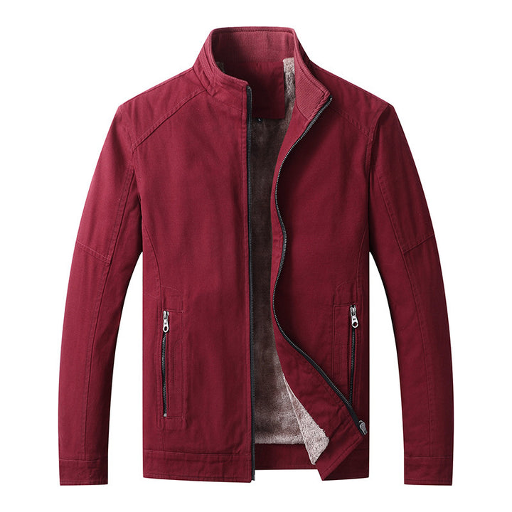 Men's Canvas Field Jacket with Teddy Fleece Lining, Stand Collar and Zipper Mune Fashion