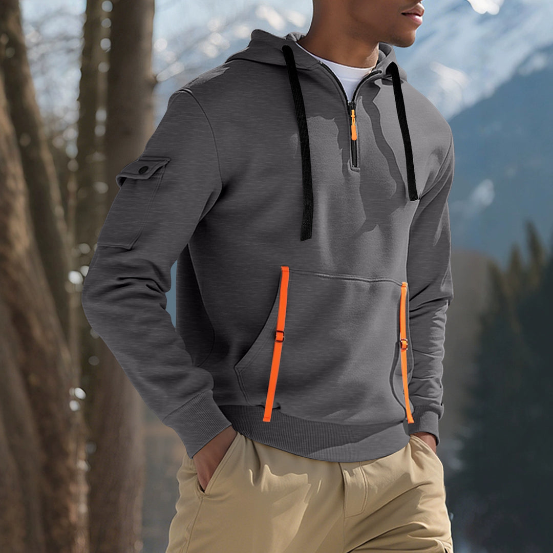 Men's Nano Urban Tech Hooded Half-Zip Pullover with Utility Arm Pocket, Kangaroo Pocket, and Adjustable Zipper Tapes Mune Fashion