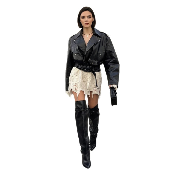 Women's Oversized Biker Jacket made of vegan leather imitation with waist belt & epaulettes Mune Fashion