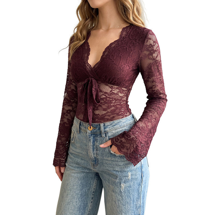 Women Playfully Cut Lace Top with Bow Detail Mune Fashion