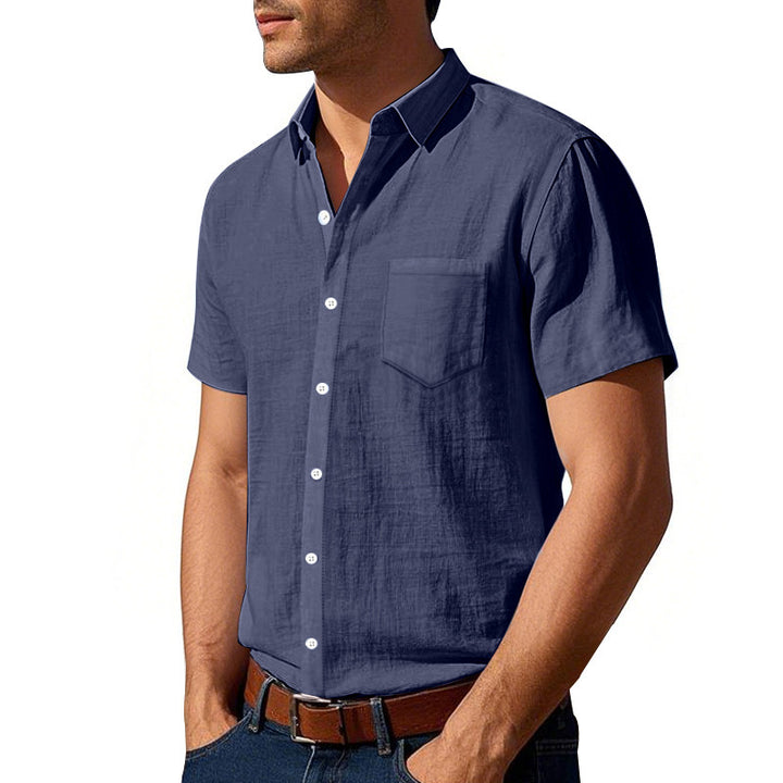 Men's short-sleeved cotton-linen casual shirt with Kent collar, chest pocket, and continuous button placket Mune Fashion
