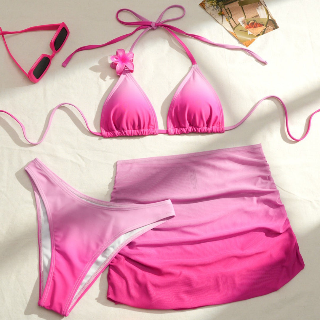 Women Triangle Bikini Set with Floral Detail and Wrap Skirt Mune Fashion