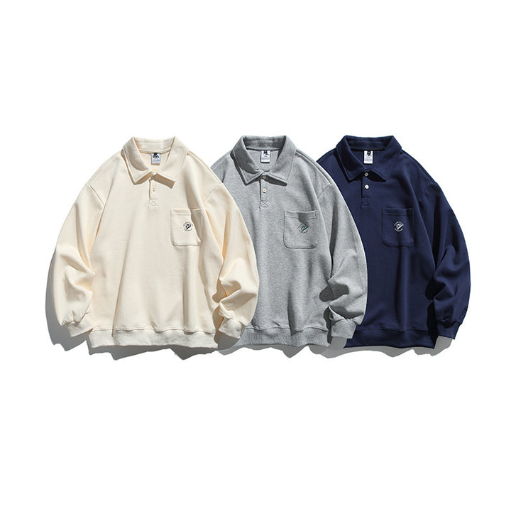 Unisex Oversize Polo Shirt Sweatshirt with Chest Pocket and Ribbed Hem Mune Fashion