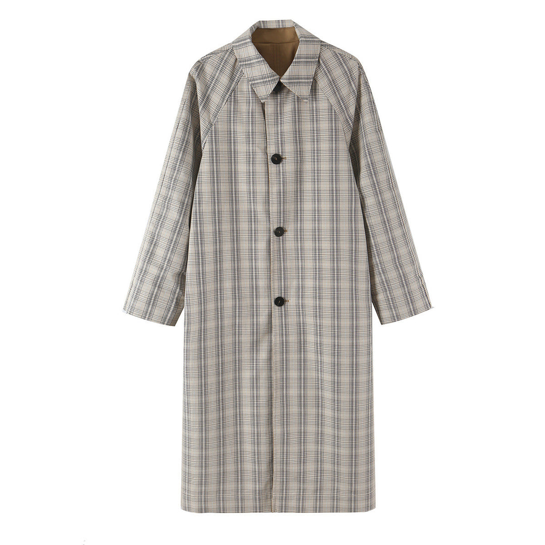 Women's Reversible Trench Coat with Raglan Sleeves, Checked Lining and Hidden Button Placket Mune Fashion