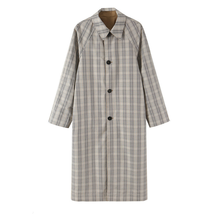 Women's Reversible Trench Coat with Raglan Sleeves, Checked Lining and Hidden Button Placket Mune Fashion