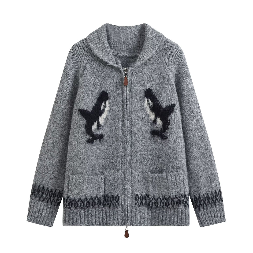 Women's chunky knit zip cardigan with shawl collar and intarsia motif Drune