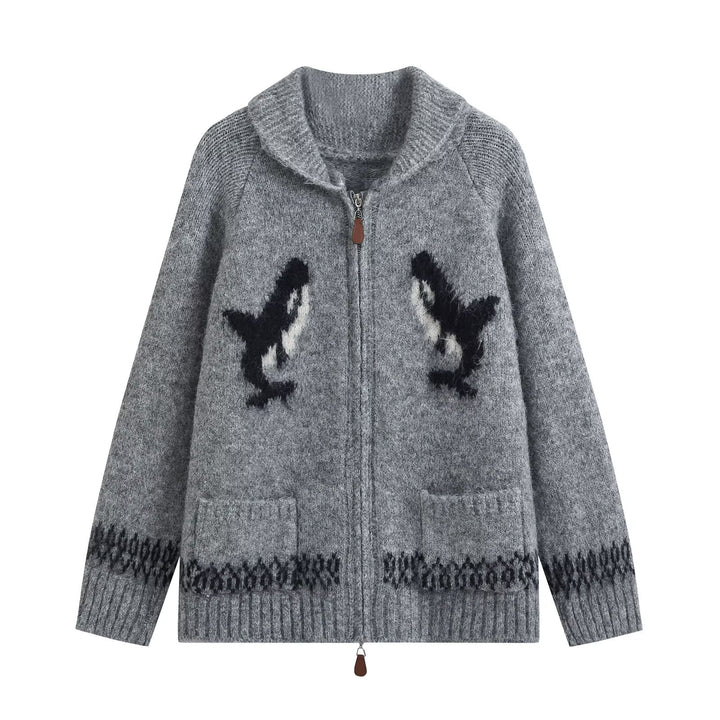 Women's chunky knit zip cardigan with shawl collar and intarsia motif Drune