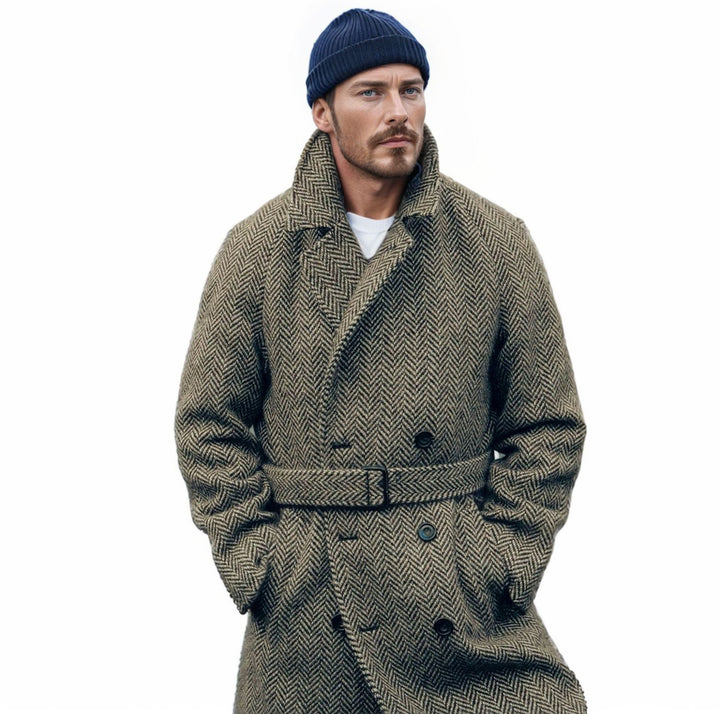 Men's Double-Breasted Wool Blend Coat with Herringbone Pattern and Waist Belt Mune Fashion