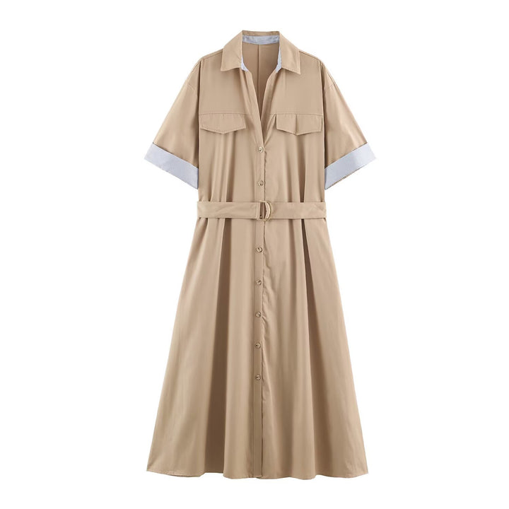 Women's shirt blouse midi dress with belted waist and turn-up sleeves Mune Fashion