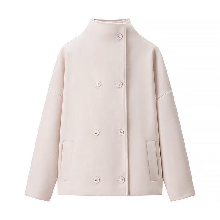 Women Double-breasted Short Coat with Stand-up Collar, Dropped Shoulder and Clear Boxy Silhouette Drune