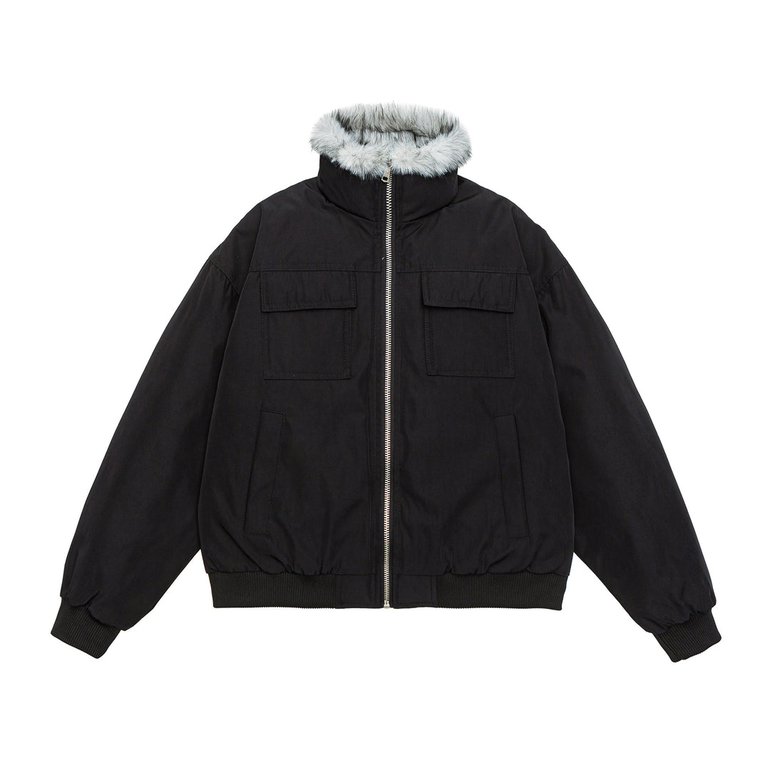 Men's Quilted Short Bomber Jacket with Removable Faux Fur Hood and Patch Front Pockets Mune Fashion