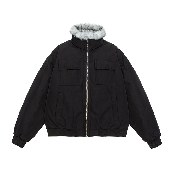 Men's Quilted Short Bomber Jacket with Removable Faux Fur Hood and Patch Front Pockets Mune Fashion