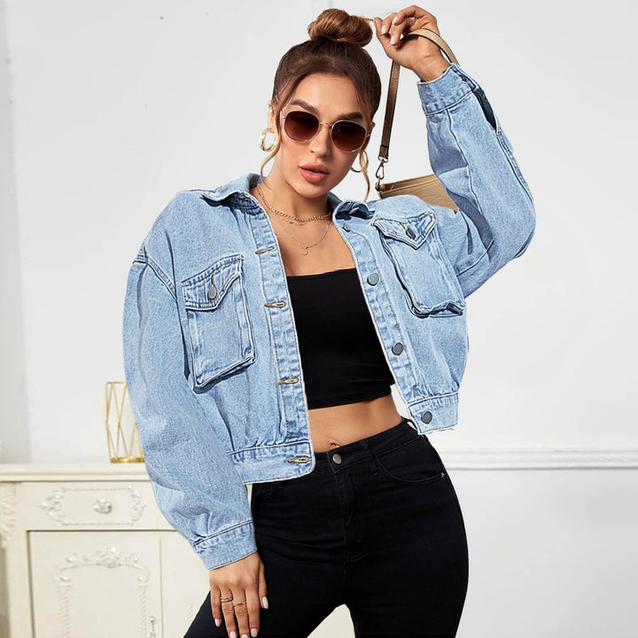 Women Cropped Boxy Denim Jacket with Patch Chest Pockets and Short Hem Mune Fashion