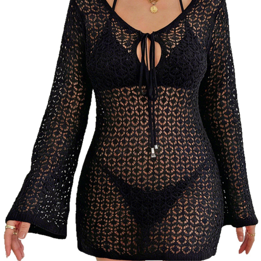 Women's Crochet Beach Dress with Deep V-Neck and Wide Sleeves Mune Fashion