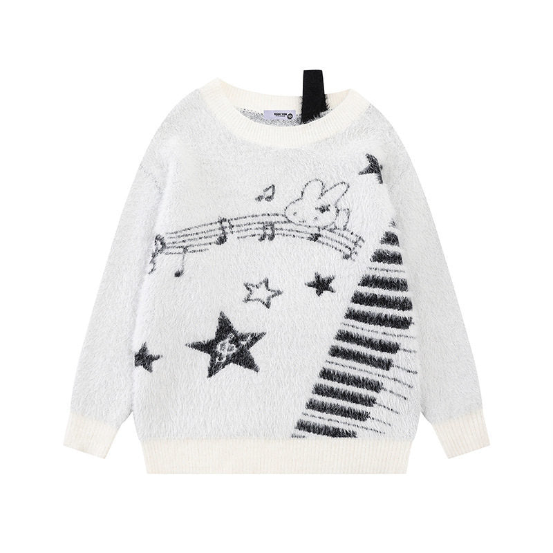 Women's Cozy Knit Sweater with Cartoon Note and Star Motif Mune Fashion