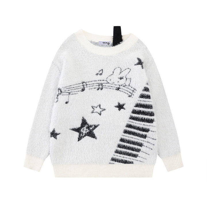 Women's Cozy Knit Sweater with Cartoon Note and Star Motif Mune Fashion