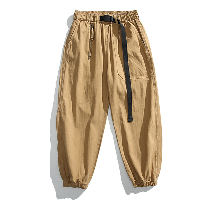 Men's Loose Canvas Cargo Jogging Pants in Utility Style with Elastic Waistband, Integrated Woven Belt and Cuffs