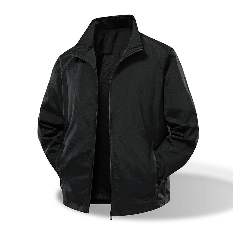 Men's Lightweight Windbreaker Outdoor Jacket with Stand Collar, Two-way Zipper and Concealed Pockets Mune Fashion