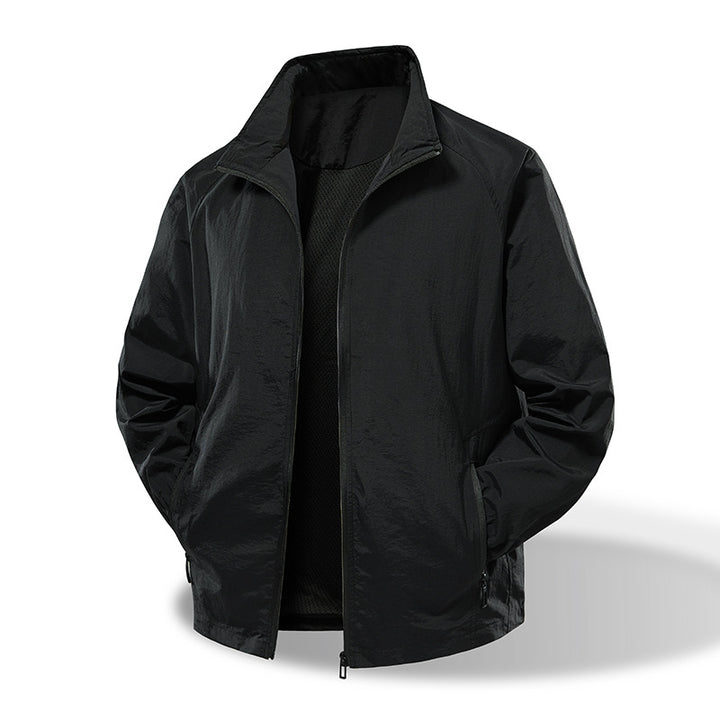 Men's Lightweight Windbreaker Outdoor Jacket with Stand Collar, Two-way Zipper and Concealed Pockets Mune Fashion