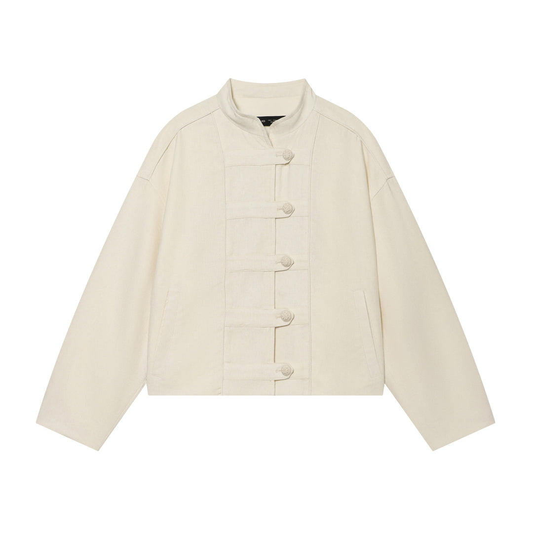 Women's Cropped Jacket with Stand-up Collar and Decorative Knot Buttons Mune Fashion