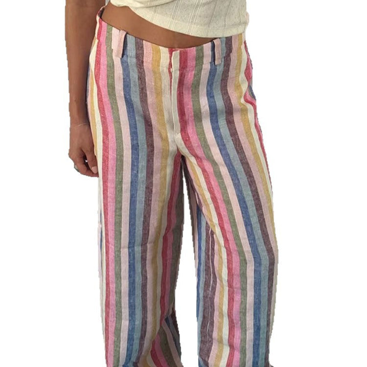 Women’s linen pants with wide leg, high waist & colorful striped pattern Mune Fashion