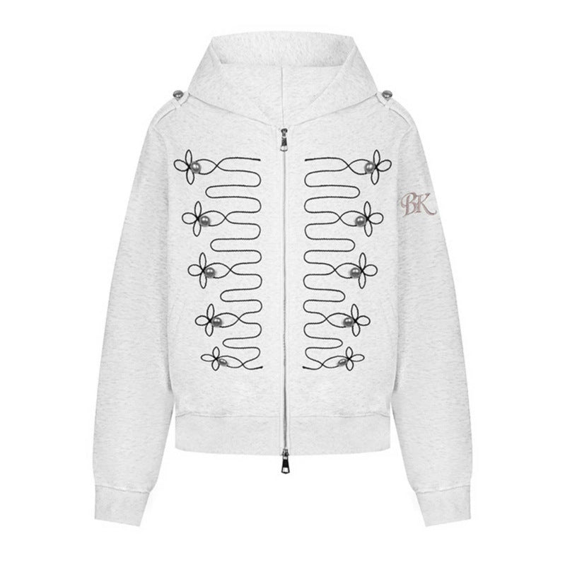 Women's hooded sweatshirt jacket with decorative frogging embroidery and pearl buttons Mune Fashion