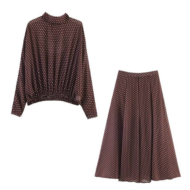 Women's Loose Blouson Top with Stand Collar, Polka Dot Pattern and Elastic Hem Mune Fashion