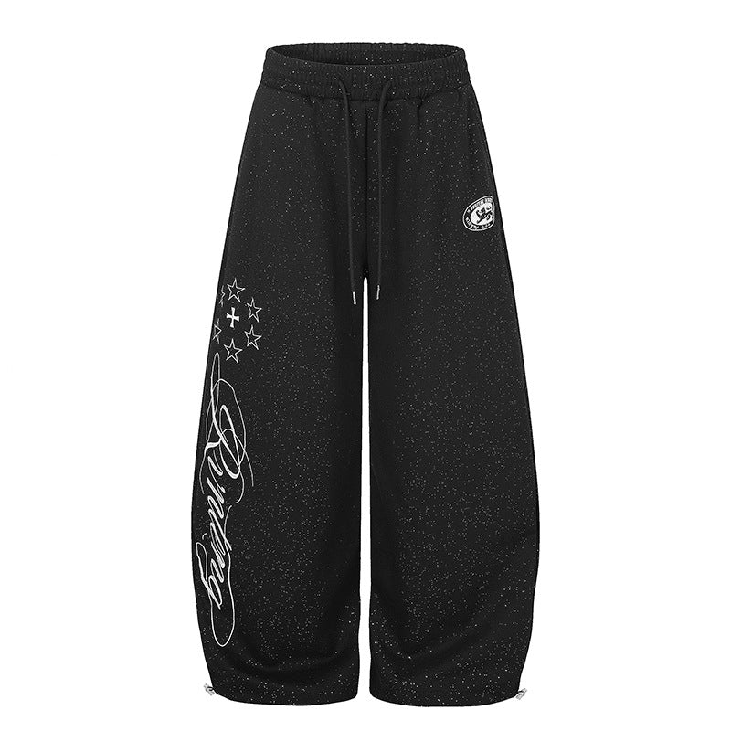 Women's Extra Wide Palazzo Sweatpants in Glitter Nep with Elastic Waistband, Drawstring and Star Script Print Mune Fashion