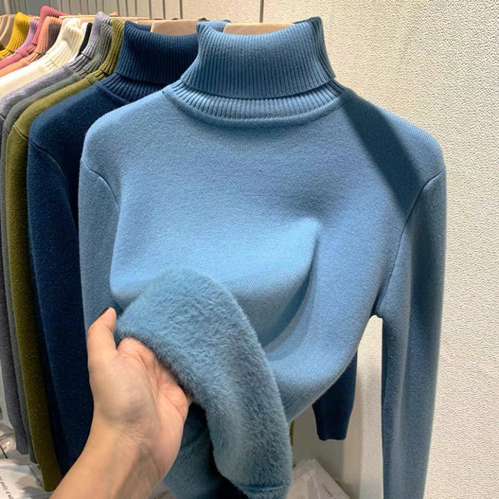 Women's fine knit turtleneck sweater with warming inner lining and slim silhouette Mune Fashion