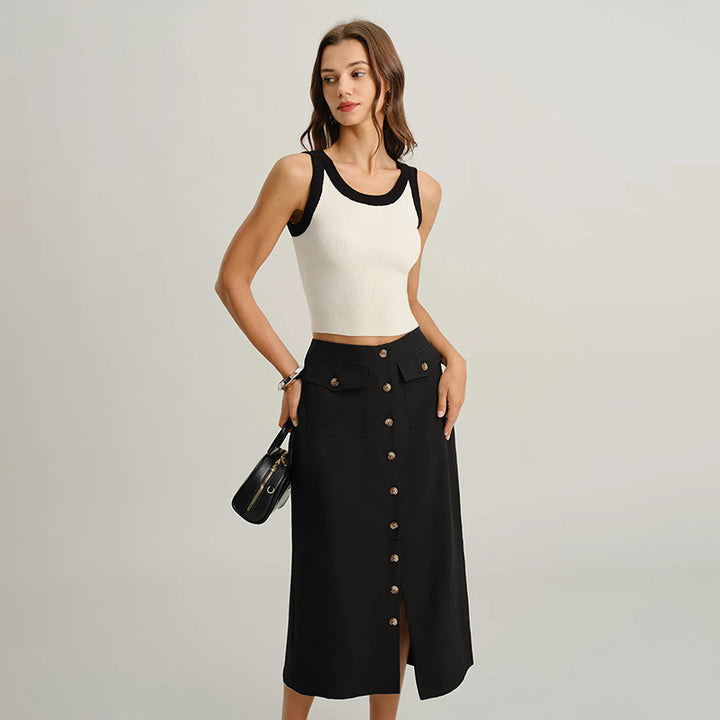 Women's midi skirt with continuous button placket, high waist and patch pockets Mune Fashion