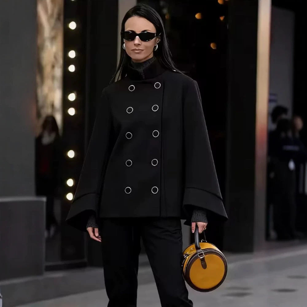 Women Short Cut Double Breasted Jacket with Stand-Up Collar, Eyelet Detail and Wide Cuffs Mune Fashion