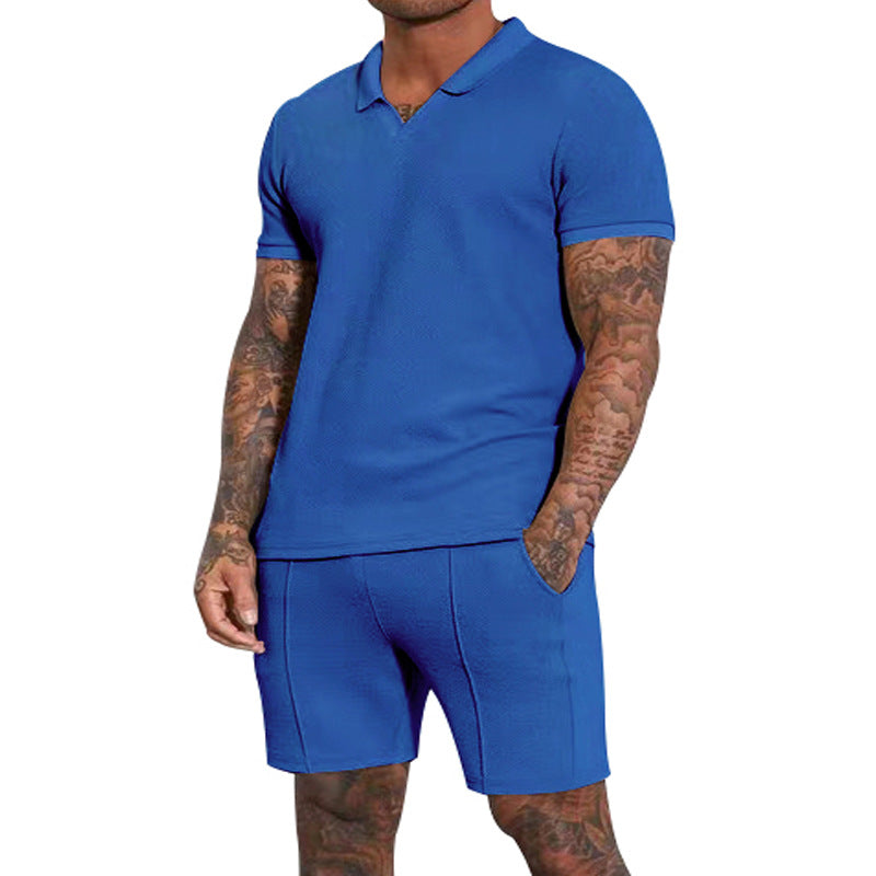 Men's short-sleeved half-collar knit set with fine waffle structure and straight-cut shorts Mune Fashion