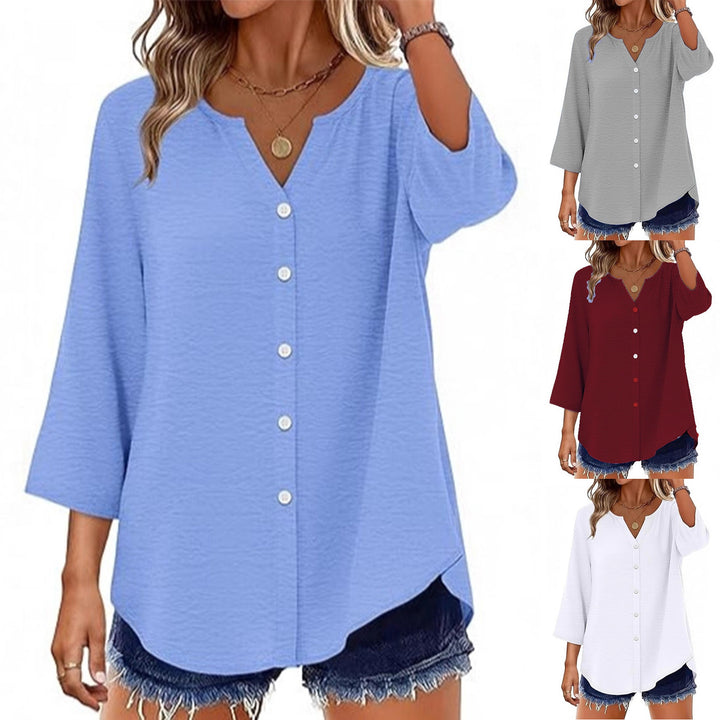 Ladies Light V-Neck Blouse Jacket with 3/4 Sleeves, Curved Hem and Continuous Button Placket Mune Fashion