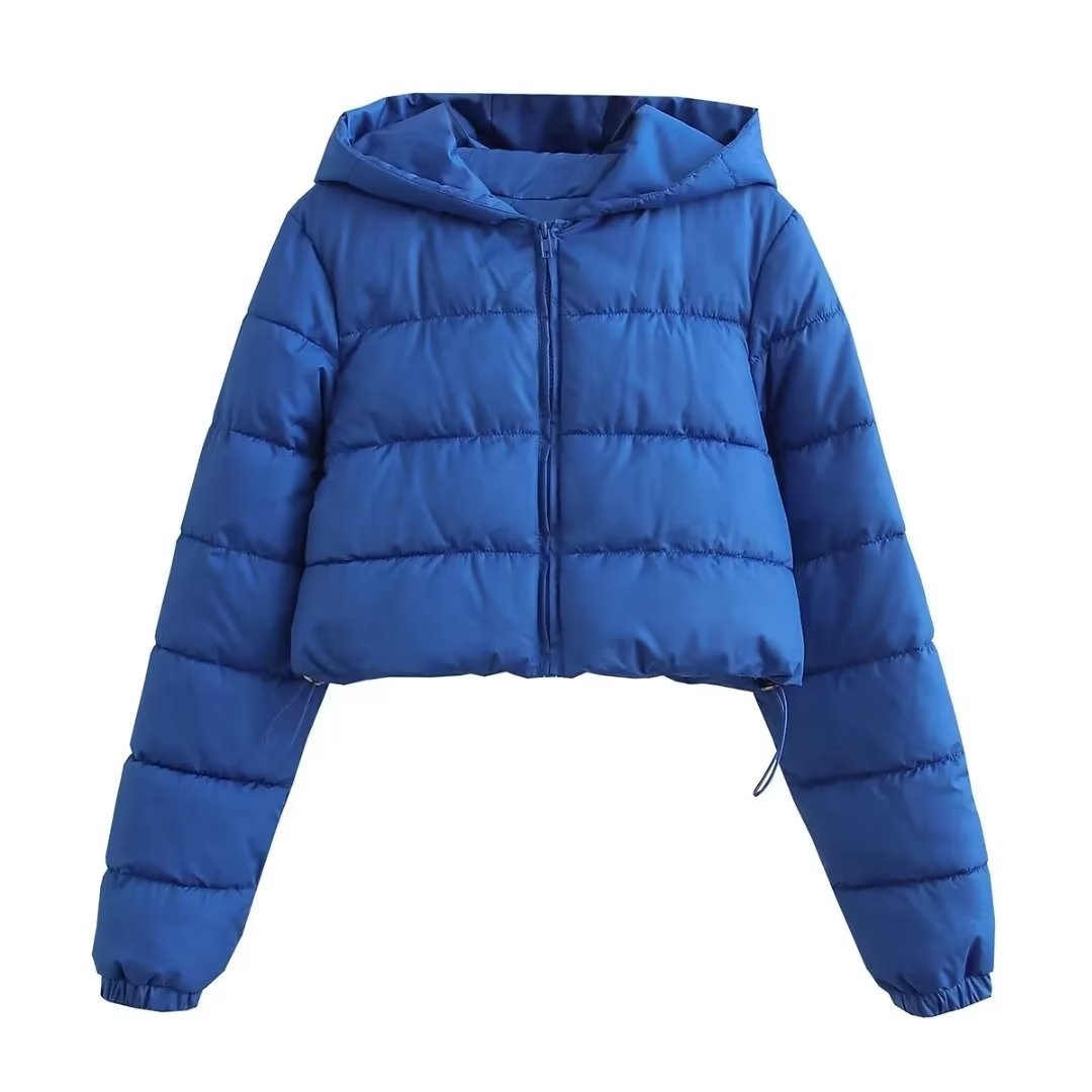 Ladies short quilted hooded jacket with drawstring, zipper and light padding Mune Fashion