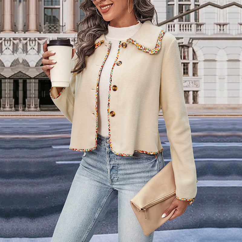 Women's short jacket with Peter Pan collar and floral trim decoration Mune Fashion