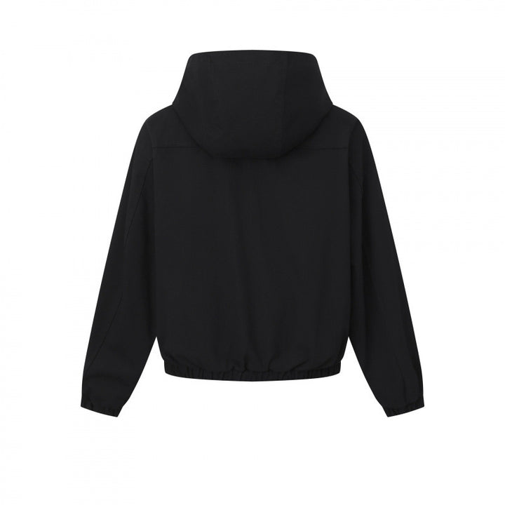 Ladies short cut hooded blouson jacket with textured fabric, patch pockets, and elastic hem Mune Fashion