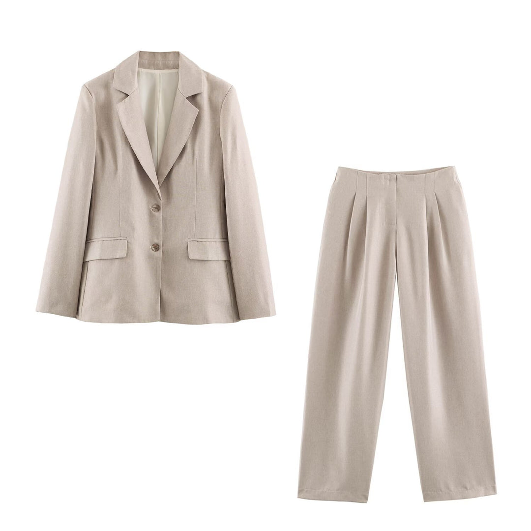 Women Longline Blazer in Linen Blend with Lapel Collar and Flap Pockets Mune Fashion