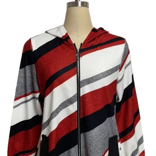 Women's longline hoodie jacket with diagonal stripe pattern, ring zipper and side pockets Mune Fashion