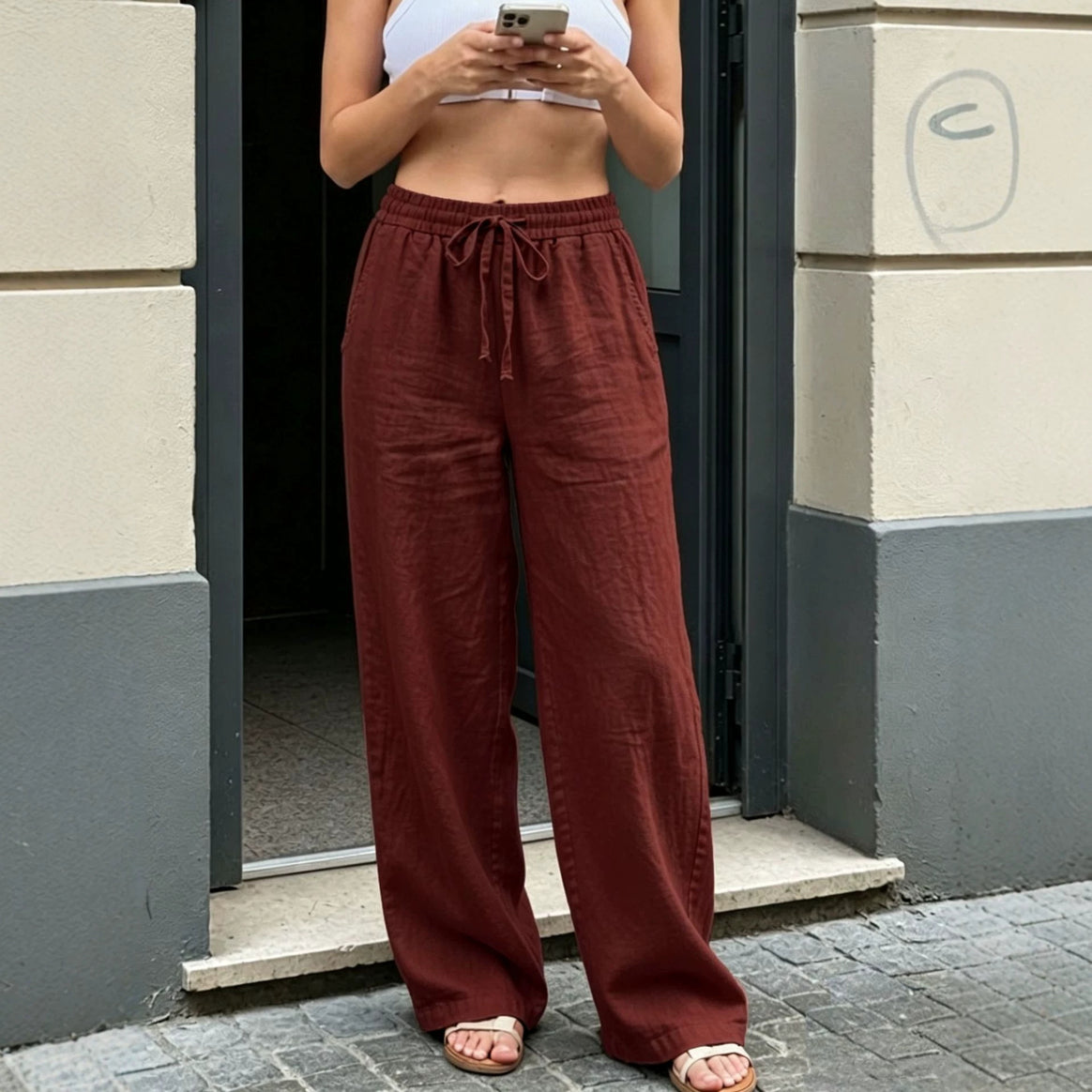 Women Wide Linen Look Pants with Elastic Waistband, Drawstring and Side Pockets Mune Fashion