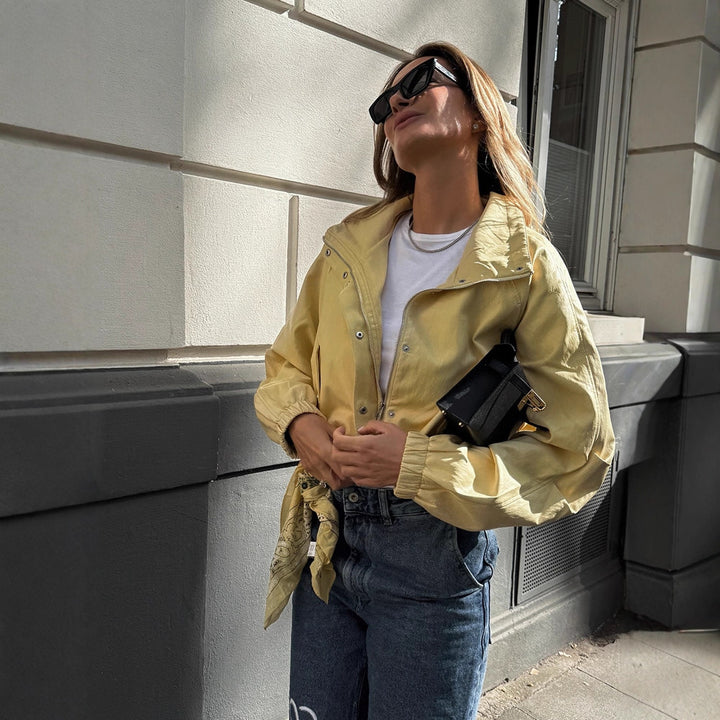 Women's Short Satin Look Bomber Jacket with Zipper, Snap Buttons & Elastic Cuffs Mune Fashion