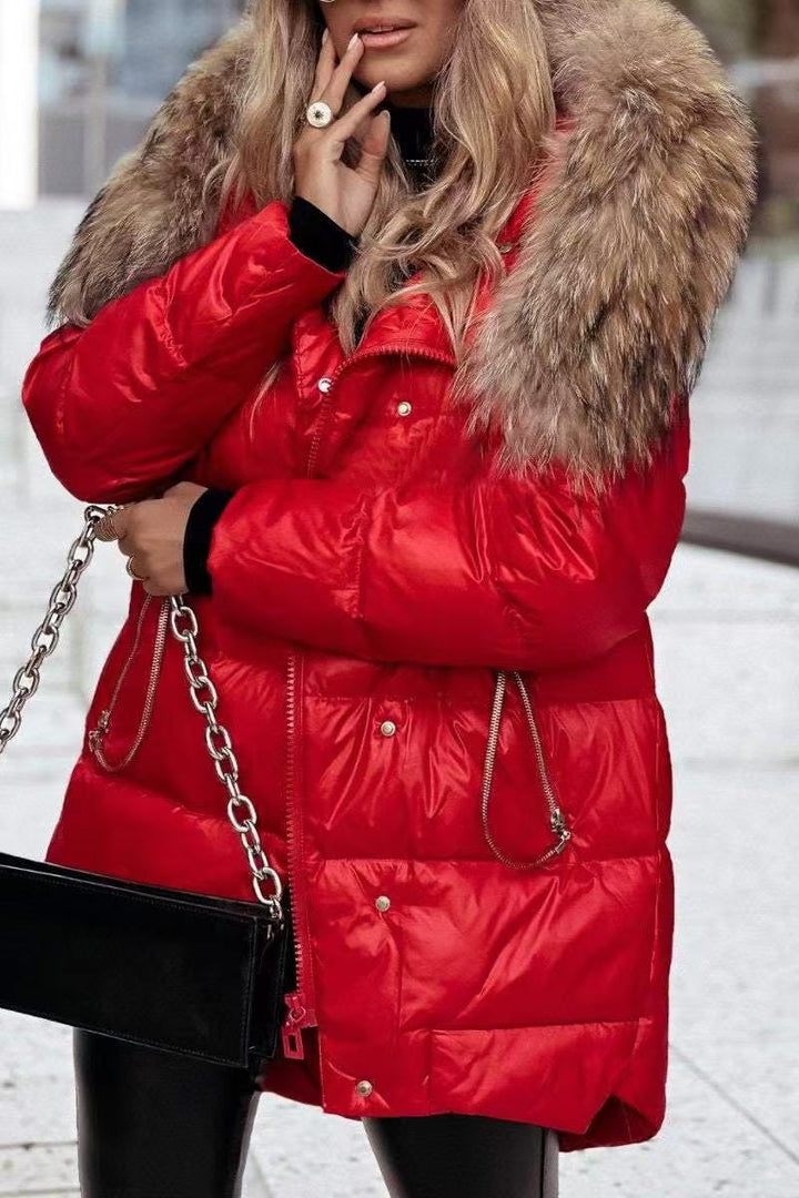 Women's Winter Down Jacket with Detachable Hood and Luxurious Fur Collar Mune