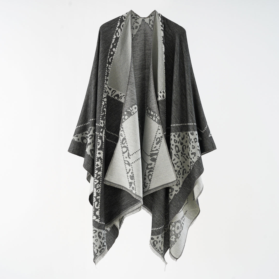 Women's Oversize Cape Throw with Jacquard Woven Patch Motifs and Fringed Hem Mune Fashion