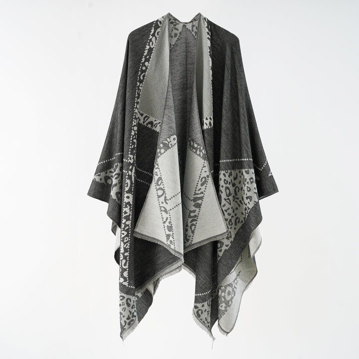 Women's Oversize Cape Throw with Jacquard Woven Patch Motifs and Fringed Hem Mune Fashion
