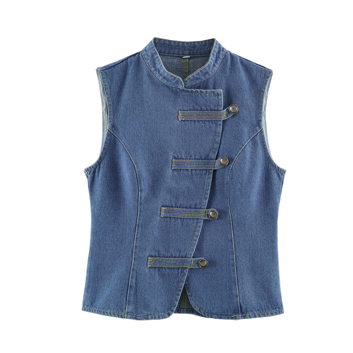 Women Tailored Vest with Mandarin Collar and Asymmetrical Loop Hook Closure Mune Fashion