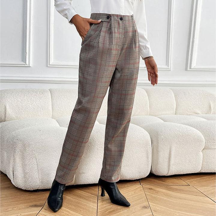 Women's Checkered High-Waisted Pleated Trousers with Straight Leg Mune Fashion