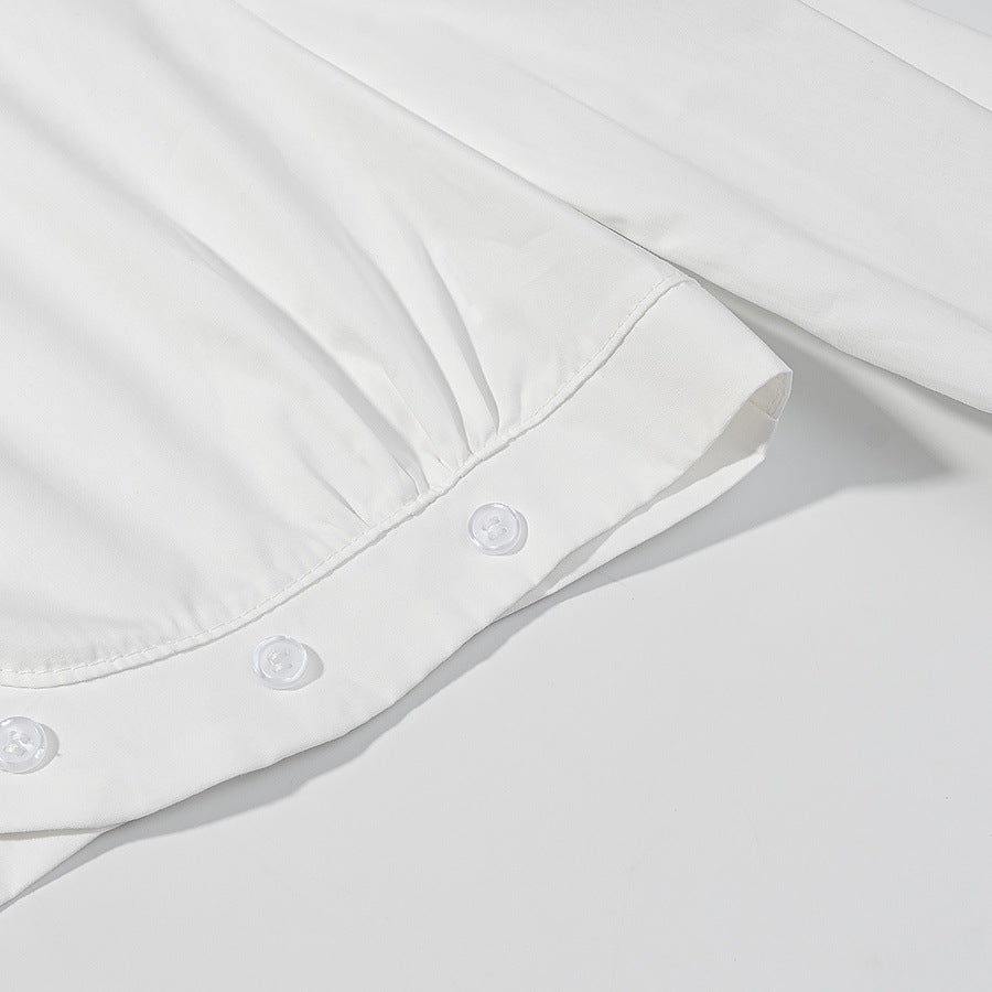 Women’s short blouse with embroidery anglaise trim, standing collar, and gathered waist Mune Fashion
